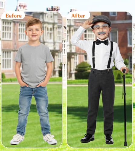 Mscawow Old Man Costume for Kids–100 Days of School Costume with Hat,Glasses,Suspenders & Cane
