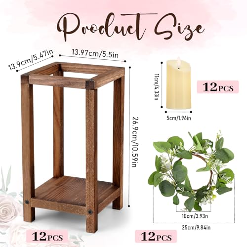 Geelin 12 Set 10.59'' Brown Wooden Lanterns for Centerpieces Include 12 Wooden Lantern 12 LED Candle 12 Eucalyptus Leaves ...