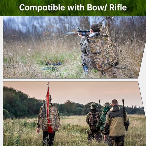 OUUTMEE Hunting Backpack with Waterproof Rain Cover, Self Standing Hard Bottom, 50L Camo Hunting Day Pack for Bow Rifle Gun
