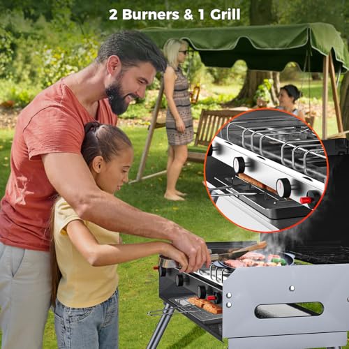 CAMPLUX 2 Burners & 1 Grill Propane Camping Stove, 15,000 BTU Portable Outdoor Propane Camping Grill Burner with Free Stan...