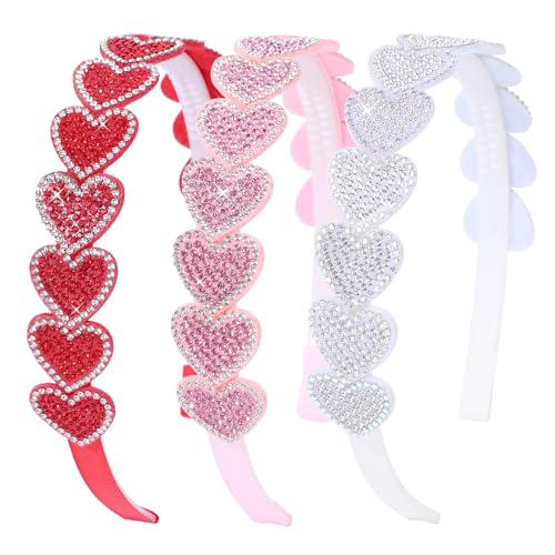OAOLEER 3 PCS Heart Headbands for Girls,Red Pink White Rhinestone Headband Glitter Love Hairbands Party Wedding Valentines...