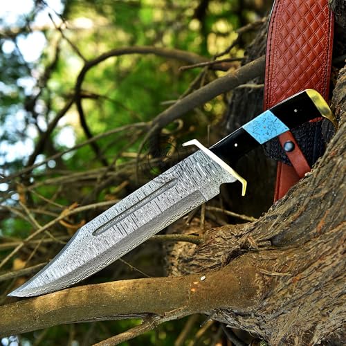 Damascus Steel Western Outlaw Bowie Hunting Knife, Fixed Blade Survival & Hunting Knife, Camping, Bushcraft, EDC - Gift fo...