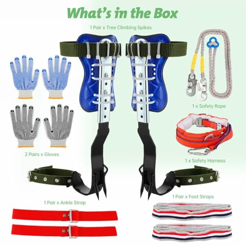Homaisson Tree Climbing Spikes Set, Adjustable Tree Climbing Spikes, Portable Tree Climbing Gears with Safety Belt, Climbi...