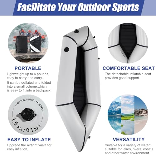 Oryxearth TPU Packraft, Lightweight Inflatable Travel Kayak with Soft Seat for Adults Kids - 1 Person Packraft in Flat Riv...