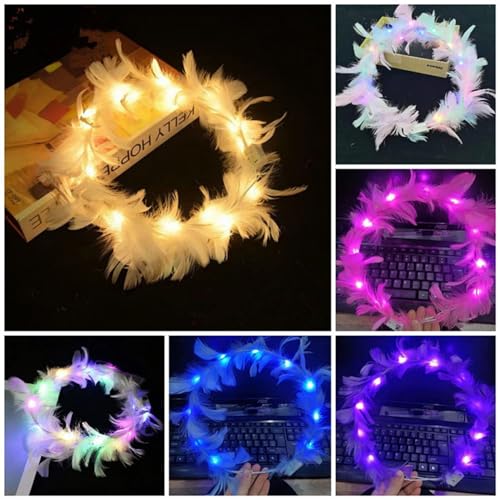 6 Pack Flower Crown, Feather Crown Headband Luminous with 10 LED Lights, Light Up Headdress with Color Changing LED Light...