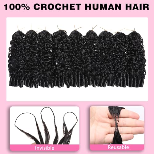 Beauty Queen 3C4A Burmese Curly Human Crochet Hair 18inch 60g Knotless Pre-Separated Feather Crochet Real Human Hair Lightweight Reusable Remy Hair Extensions for Women Natural Black Color