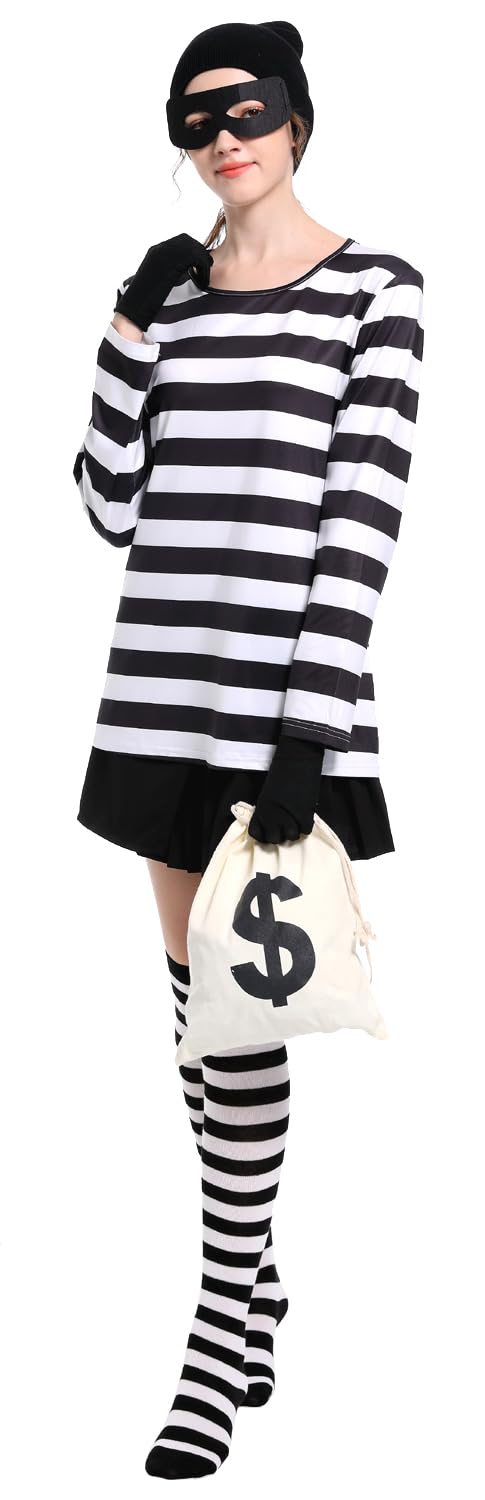 Eledvb Adult Women's Robber Costume Set Black and White Striped T-Shirt Thief Accessories for Halloween Cosplay Costume