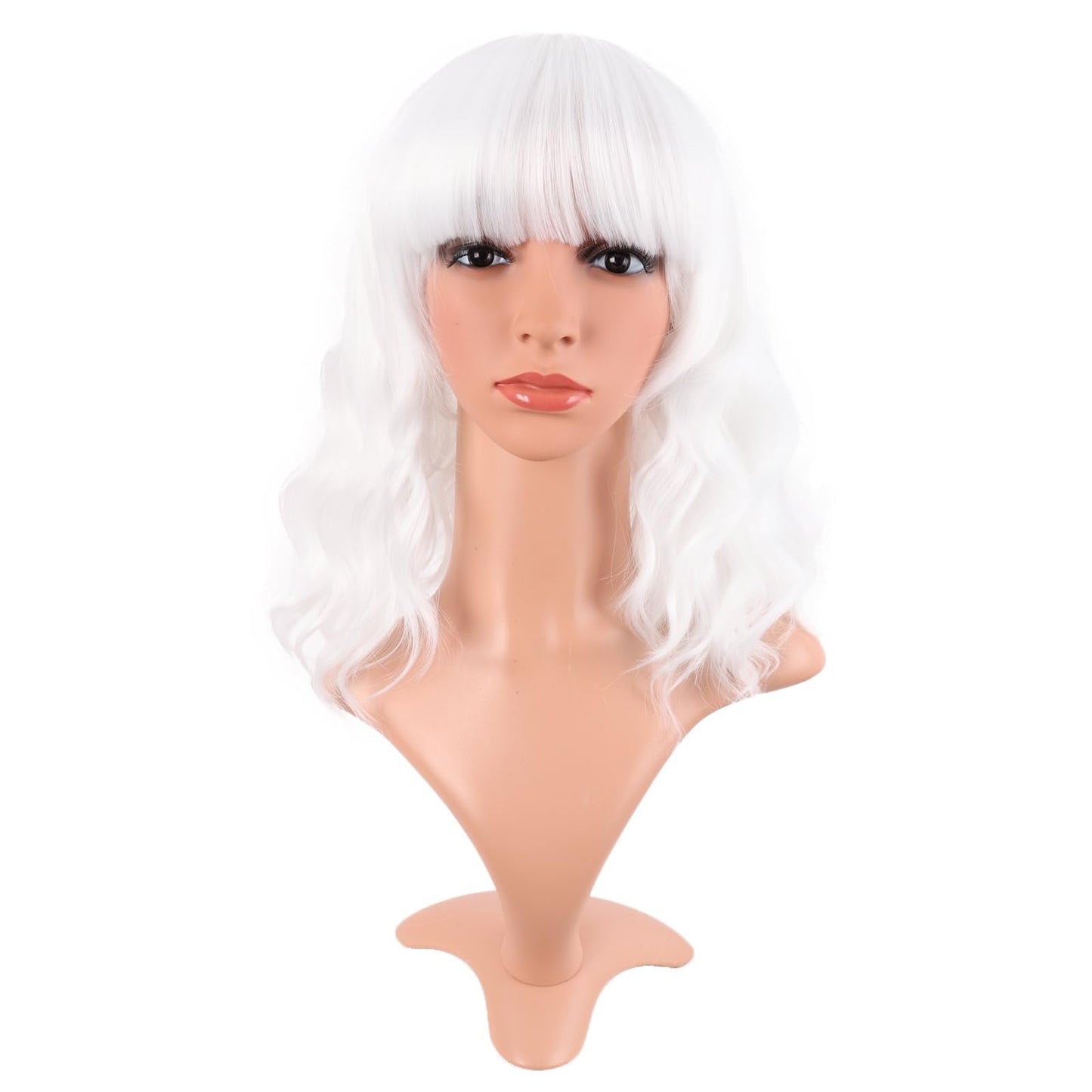 MapofBeauty Short Wavy Curly Bob Wig, 14 Inch, High Temperature Fiber, White, with Flat Bangs