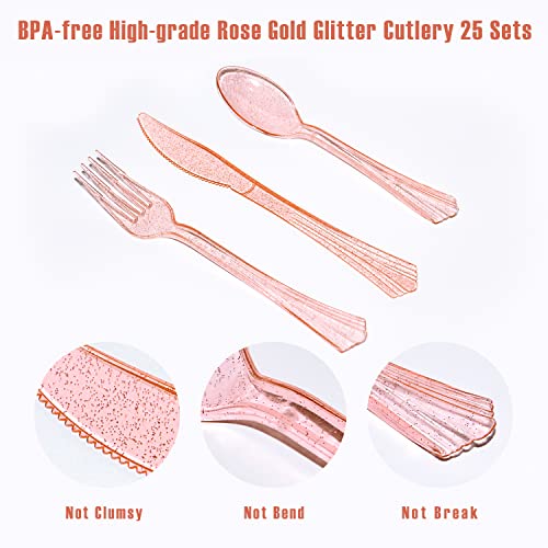 AIRE 175PCS Pink Rose Gold Plates Party Supplies Severs 25 Guests Disposable Party Decorations, Plastic Forks Knives Spoon...