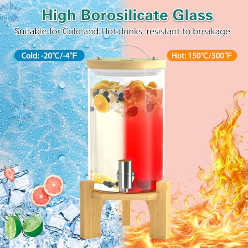 VOVUVK 1.2 Gallon Glass Drink Dispenser For Parties, Beverage Dispenser With Bamboo Wood Stand And Stainless Steel Spigot,...