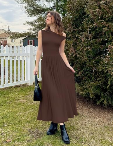 ZESICA Women's Summer 2026 Sleeveless Maxi Dress One Shoulder Casual Slim Swing Pleated Formal Dresses with Pockets