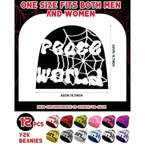 Toulite 12 Pieces Y2K Spider Web Beanie Gothic Graphic Beanies Outdoor Winter Warm Knitted Hat for Men Women