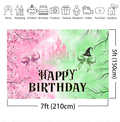 Mocsicka Pink and Green Birthday Backdrop Decorations Witch Happy Birthday Banner Supplies for Princess Girls Women Castle...