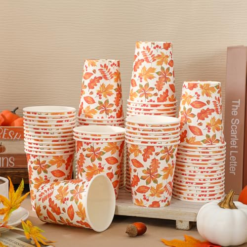 JarThenaAMCS 100Pcs Fall Paper Cups 9 oz Maple Leaves Disposable Coffee Cups for Autumn Thanksgiving Harvest Cold Hot Beve...