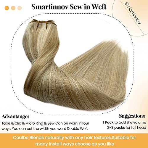Sew in Weft Hair Extensions Human Hair 22Inch Light Brown Highlights Platinum Blonde Sew in Hair Extension Real Human Hair Highlights Weft Virgin Hair Full Head Hair Bundles 120g for White Women