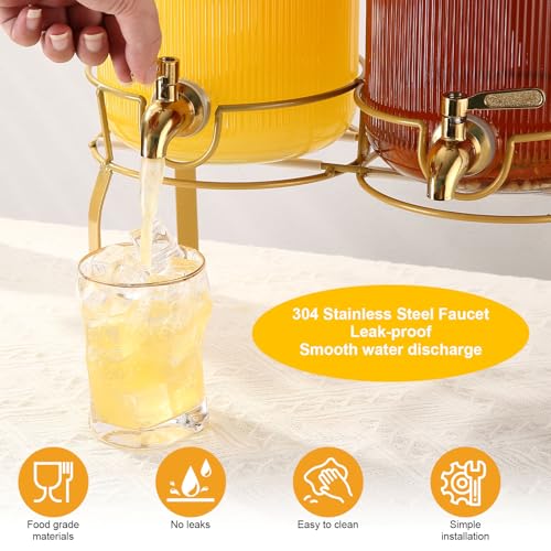 1 Gallon Glass Drink Dispenser with Stand, 2pack Drink Dispensers For Parties, Beverage Dispenser With Bamboo Lid and Stai...