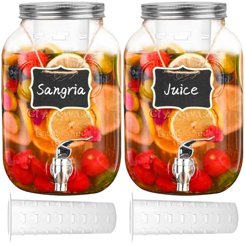 Eleganttime 1 Gallon Glass Drink Dispensers for Parties,2 Pack Beverage Dispenser with Fruit Infuser,Laundry Detergent Dis...