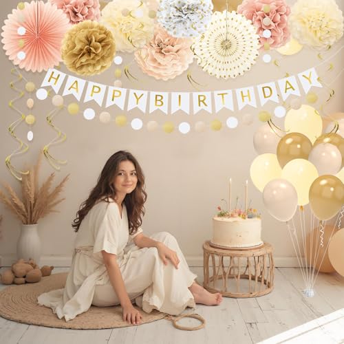 YTHETM Champagne Gold Fall Boho Birthday Decorations for Women Girls Beige Cream Neutral Party Decorations Happy Birthday ...