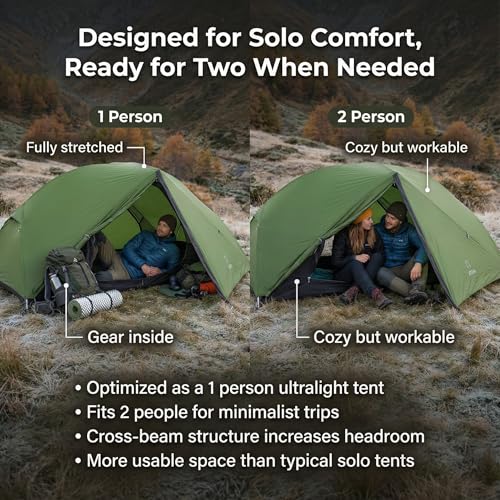 ATEPA Voyage 1-2 Person Backpacking Tent, 4 Season Ultralight Compact Tent, 4000mm Waterproof 20D Nylon Rainfly & Aluminum...