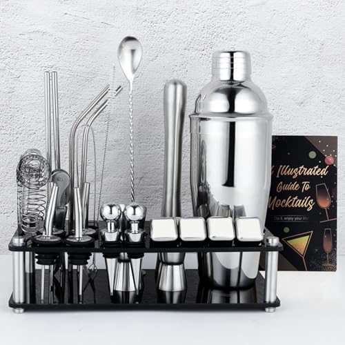 25-Piece Cocktail Shaker Set, Stainless Steel Bartender Kit with Acrylic Stand & Cocktail Recipes Booklet, Professional Ba...