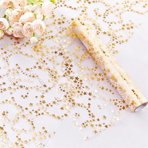 YATOJUZI Gold Table Runner,16 Ft Golden Star Sheer Chiffon Tulle Table Runner,Sequin Glitter Metallic Foil Gold Table Deco...