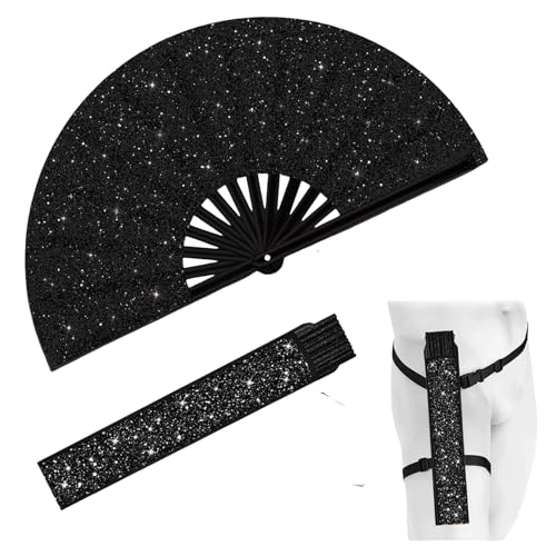 YKuzLx 13‘’ Large Rave Fan for Men Women, Rave Essentials, Decorative Glitter Folding Hand Fan with Holster for Party, Hom...