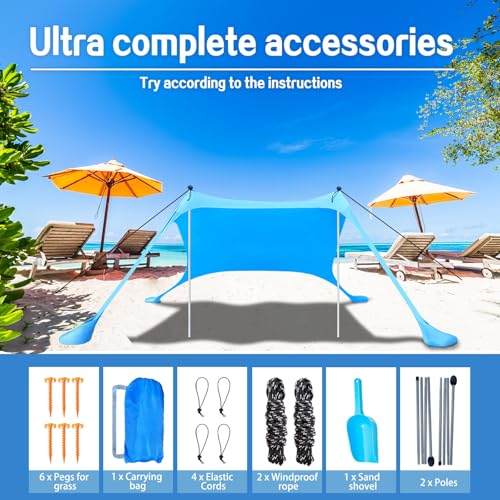 BRONOM Beach Canopy Beach Tent Sun Shelter 7.5X7.5 FT Beach Shade Canopy UPF50+ Sun Protection Windproof Ropes Carry Bag E...