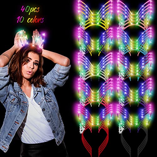 WILLBOND 40 Pcs Bunny Ears Headband Light up LED Headband Glow Hair Accessories for Women Costume Party Supply, 10 Colors