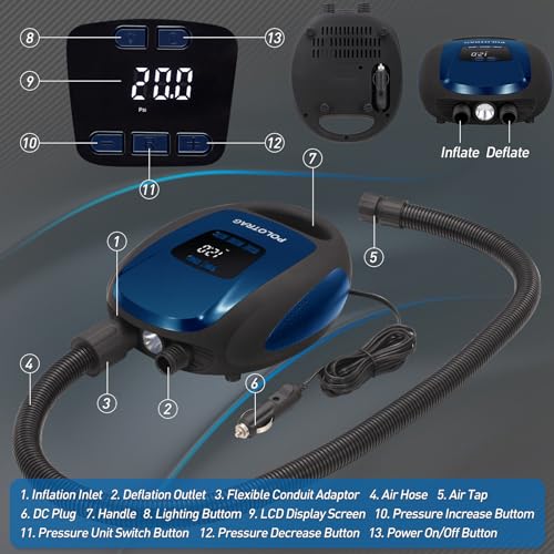 Polotrag Paddle Board Pump, SUP Electric Pump, Professional 20 PSI Portable Air Compressor with Auto-Off, Deflation Functi...