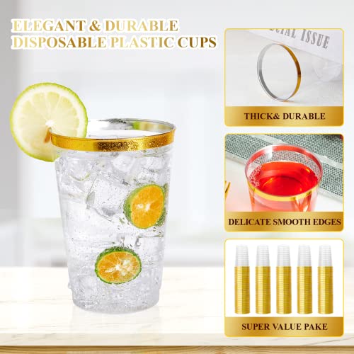 Vplus 150 Pack 12 OZ Reusable Gold Rimmed Clear Plastic Cups, Disposable Heavy Duty Plastic Cups Perfect for Party Christm...