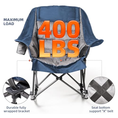 Foristrail Oversized Rocking Camping Chair for Adults - 400lbs Capacity Padded Camp Chair with Cup Holder, Portable Foldab...