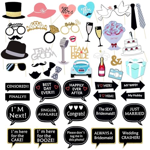 52PCS Wedding Photo Booth Props with Stick Bridal Shower Photo Booth Props Funny Photo Props, Wedding Party Supplies for B...