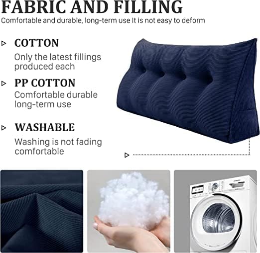Wedge Headboard Pillow Dorm Room Reading Pillow Back Support for Sitting Up in Bed Bolster Lumbar Cushion Body Positioning Bedrest Corduroy (Navy Blue, Full (54 * 8 * 20in))