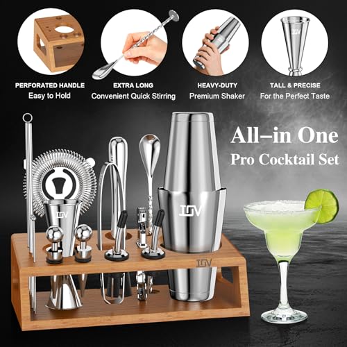 IOV Mixology Bartender Kit Bar Set with Stand | 17-Piece Cocktail Shaker Set | 28oz Boston Shaker Drink Mixer Set with All...