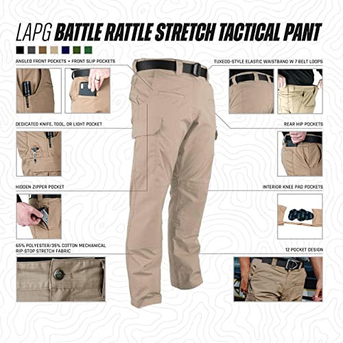 LAPG Men's Battle Rattle Stretch Cargo Pants, Durable Ripstop Tactical Pants for Men, Stretch Waistband EDC Pants