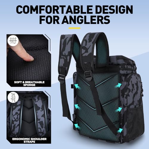 PLUSINNO Fishing Backpack with Rod Holders Tackle Box, 42L Large Water-resistant Fishing Tackle Bag Store Fishing Gear