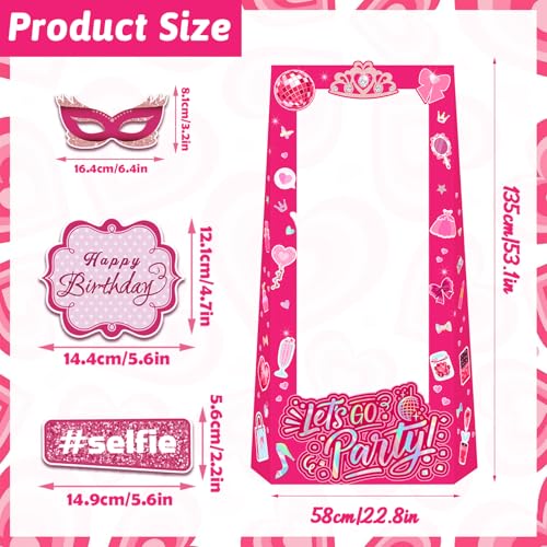 Hot Pink Let's Go Party Birthday Photo Booth Props, 4.5ft Tall Life Size Stand in Cardboard with Fixed Bracket & 25pcs Pri...