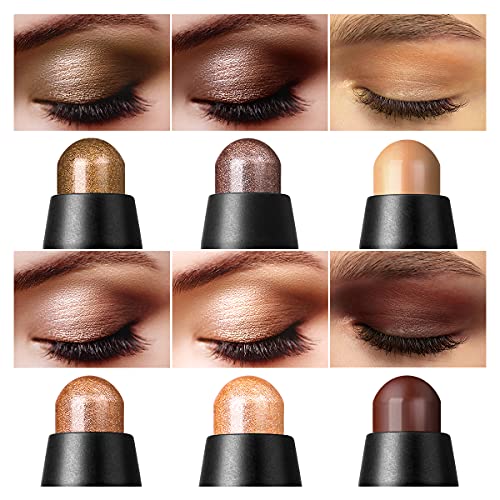 LUXAZA 6 PCS Brown Neutral Metallic Eyeshadow Stick, Light to Dark Brown Cream Shimmer Pencil Crayon, Pro Waterproof & Long Last