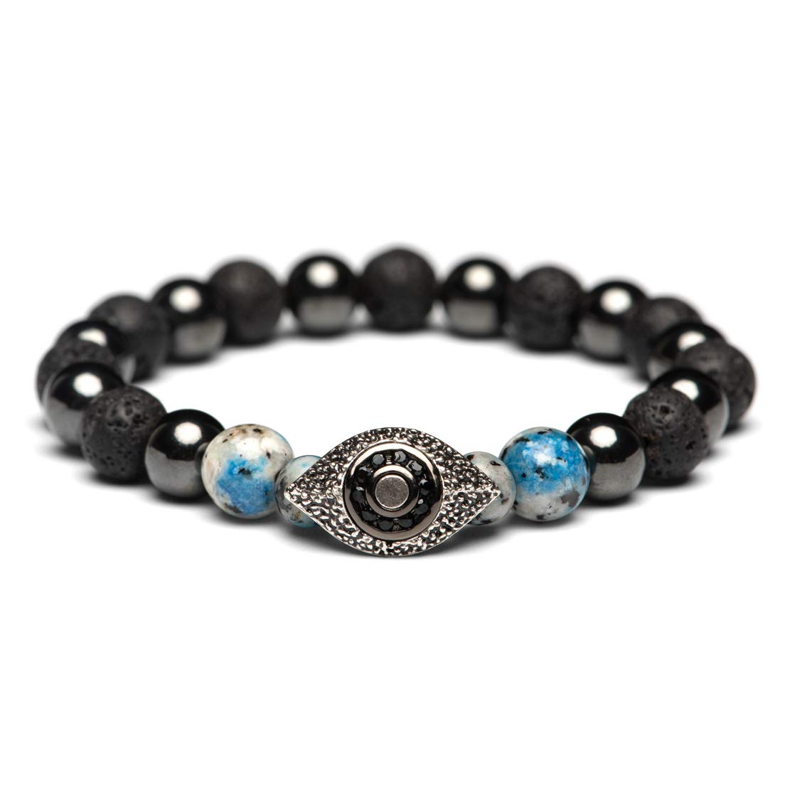 Karseer Vintage Silver and Black Plated Evil Eye Magnetic Energy Balance Anti Anxiety Bracelet Natural Hematite K2 Blue Azurite
