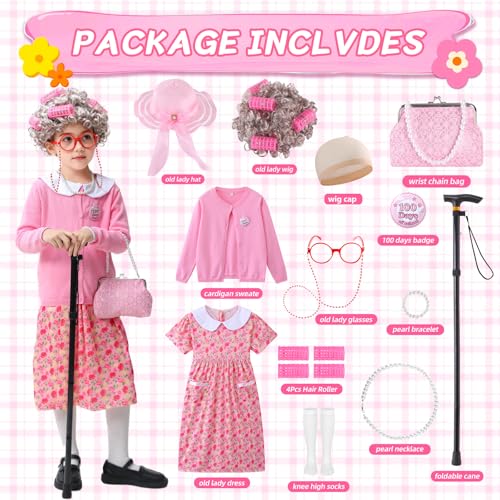 ZelJoyla Old Lady Costume for Kids 100 Days of School Costume for Girls 13 pcs 100th Day of School Granny Old Lady Dress Up