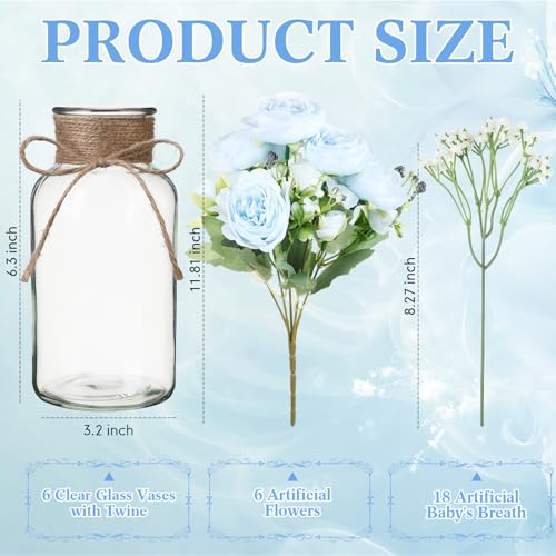 Zeyune 6 Sets Vintage Glass Vases with Artificial Peony Baby's Breath Flower Bouquets Wedding Centerpiece Farmhouse for Va...