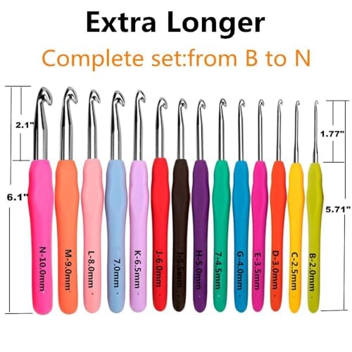 Yarniss Crochet Hooks,14 Size Crochet Set 2mm(B)-10mm(N), Ergonomic Crochet Hooks Set with Case for Beginner,Long Crochet ...