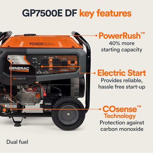 Generac 8011 GP7500E 7,500-Watt Dual-Fuel Compatible Portable Generator - Gas and Propane - COsense Technology with Electr...