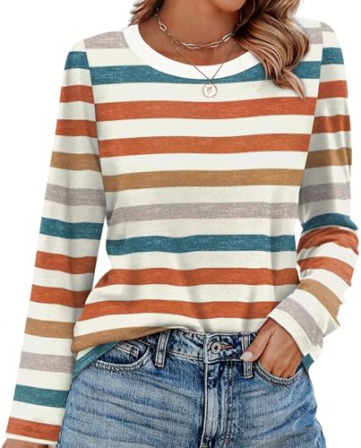 WIHOLL Womens Striped Long Sleeve Shirts Fall Outfits 2025 Color Block Tops Fashion Clothing Ribbed Crewneck Tee Blouses