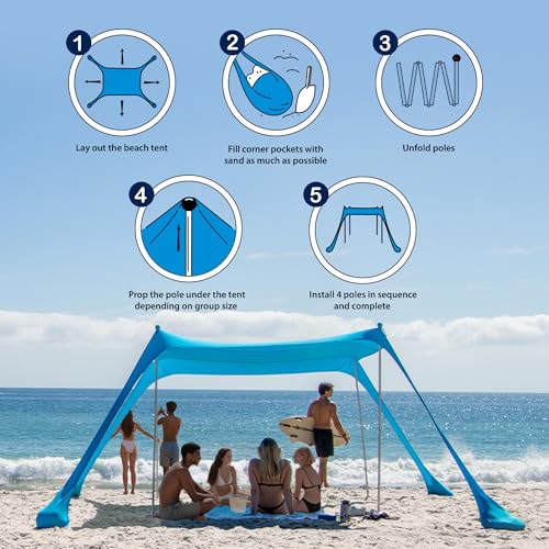 AMMSUN Beach Tent Portable Sun Shelter,9X 9ft Beach Canopy Easy Setup, 9'x9'Lycra Sun Shelter with UPF50+ Protection 4 San...