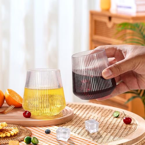 tchrules 40 Pack 12oz Plastic Stemless Wine Glasses, Clear Disposable Ribbed Cocktails Whiskey Glasses, Unbreakable Outdoo...