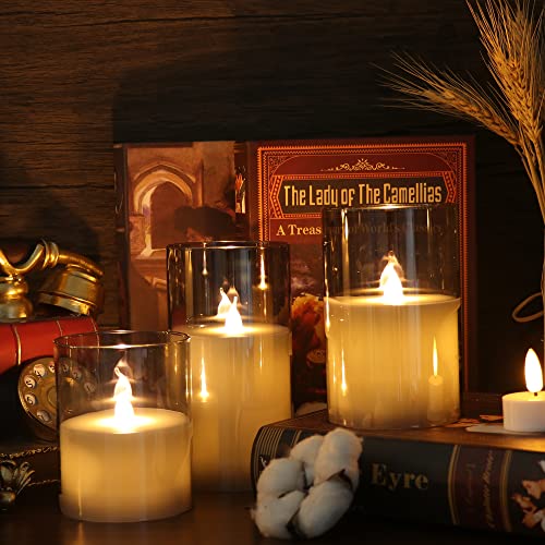 GenSwin Gray Glass Battery Operated Flameless Led Candles with 10-Key Remote and Timer, Real Wax Candles Warm White Flicke...