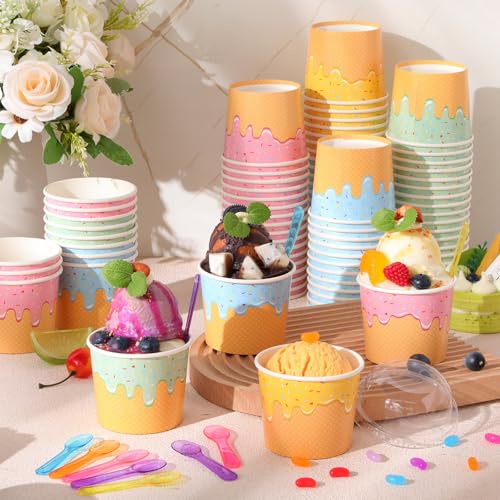 Ninehaoou 80 Pack 6 oz Ice Cream Cups with Spoons Paper Dessert Cups Colorful Sundae Bowls Disposable Ice Cream Containers...