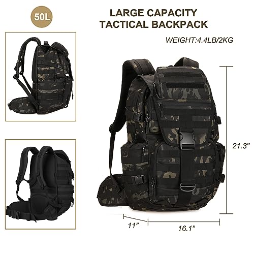 HRTACPAG 50L Military Tactical Backpack Molle Rucksack Large Army 3 Day Assault Pack Heavy Duty Backpack for Men (Black Camo)