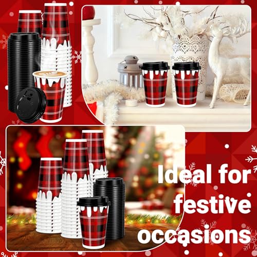 POTPTPT 100 Pieces Christmas Disposable Coffee Cups with Lids and Straws 12 oz Christmas Disposable Paper Cups Red Black P...